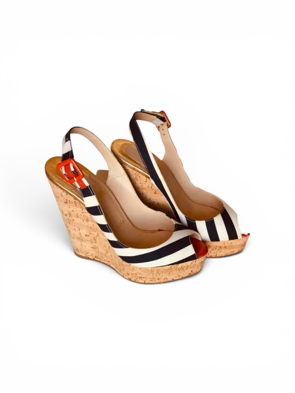 Christian Louboutin Navy & White Striped Cork Wedge Slingbacks with Red Details